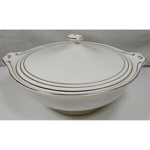 Vintage Grecian Ivory By Paden City Silver Trim White Serving Bowl With Lid